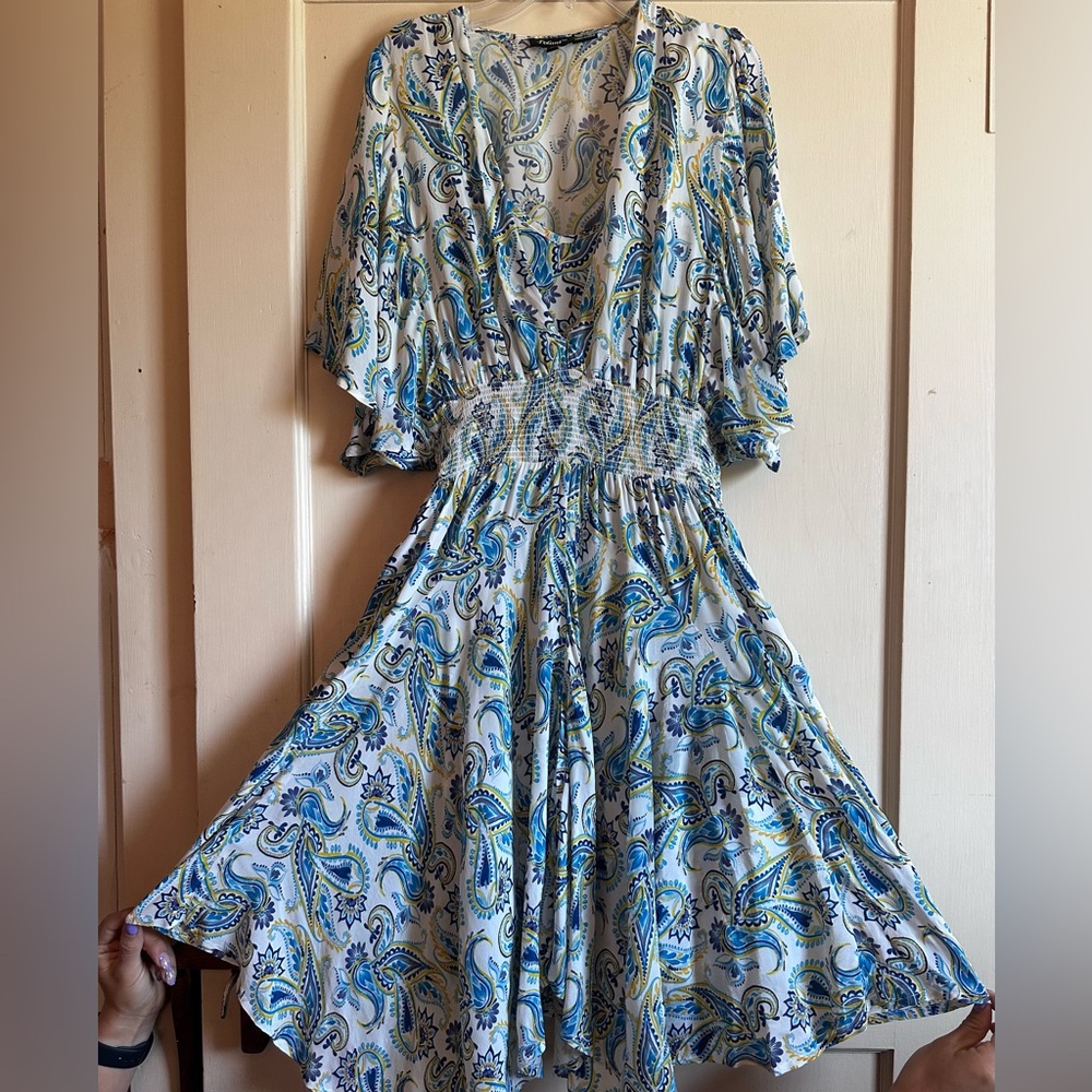 Tolani Blue, Yellow, and White Smocked 2 piece Sundress with V-Neck